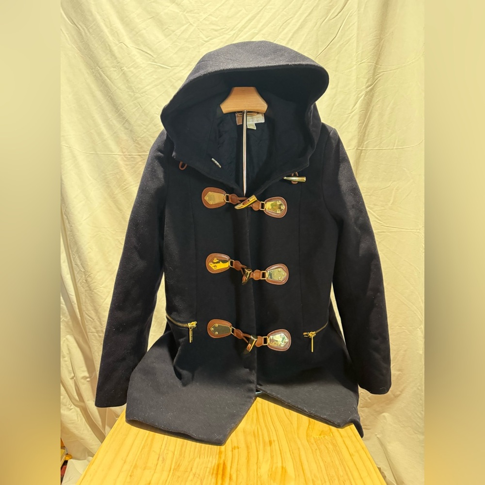 MICHAEL by Michael Kors Navy Toggle Duffle Wool Coat Size Medium L Hooded
